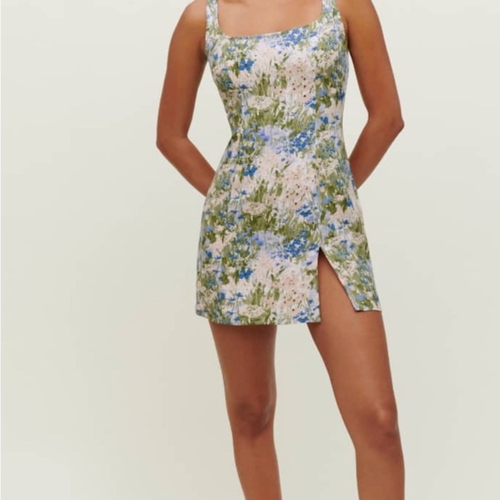 Reformation Green and Blue Floral Mini Dress
